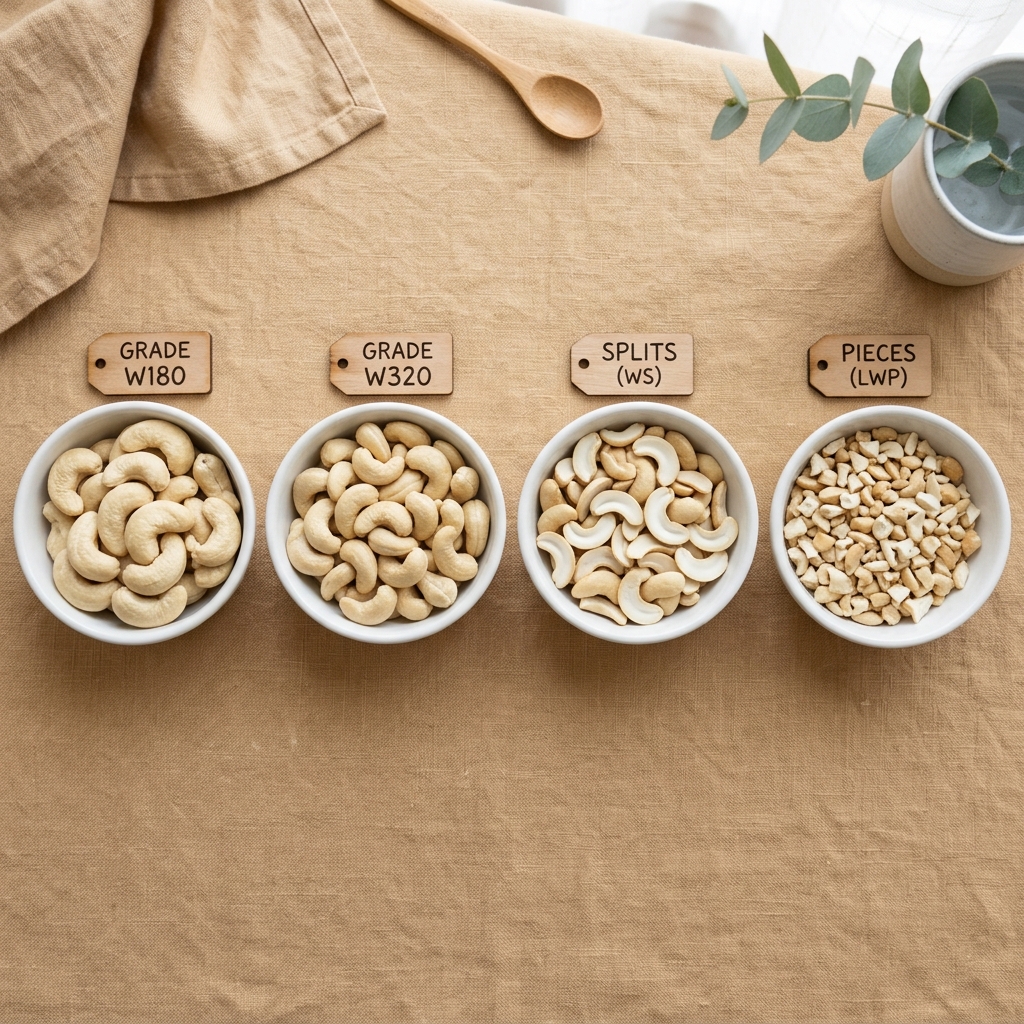 W240 cashew compared to other cashew kernel grades W180 W320